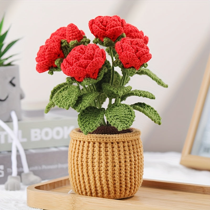 Complete Crochet Kit for Adults - Rose Flower Pot Design,Comes with step-by-step video tutorials,Crochet Knitting Kit for Beginners,Bright red roses and green leaves,Planted in a striped flower pot,Perfect for Home Decoration,DIY DIY Kits|Flower Crochet K