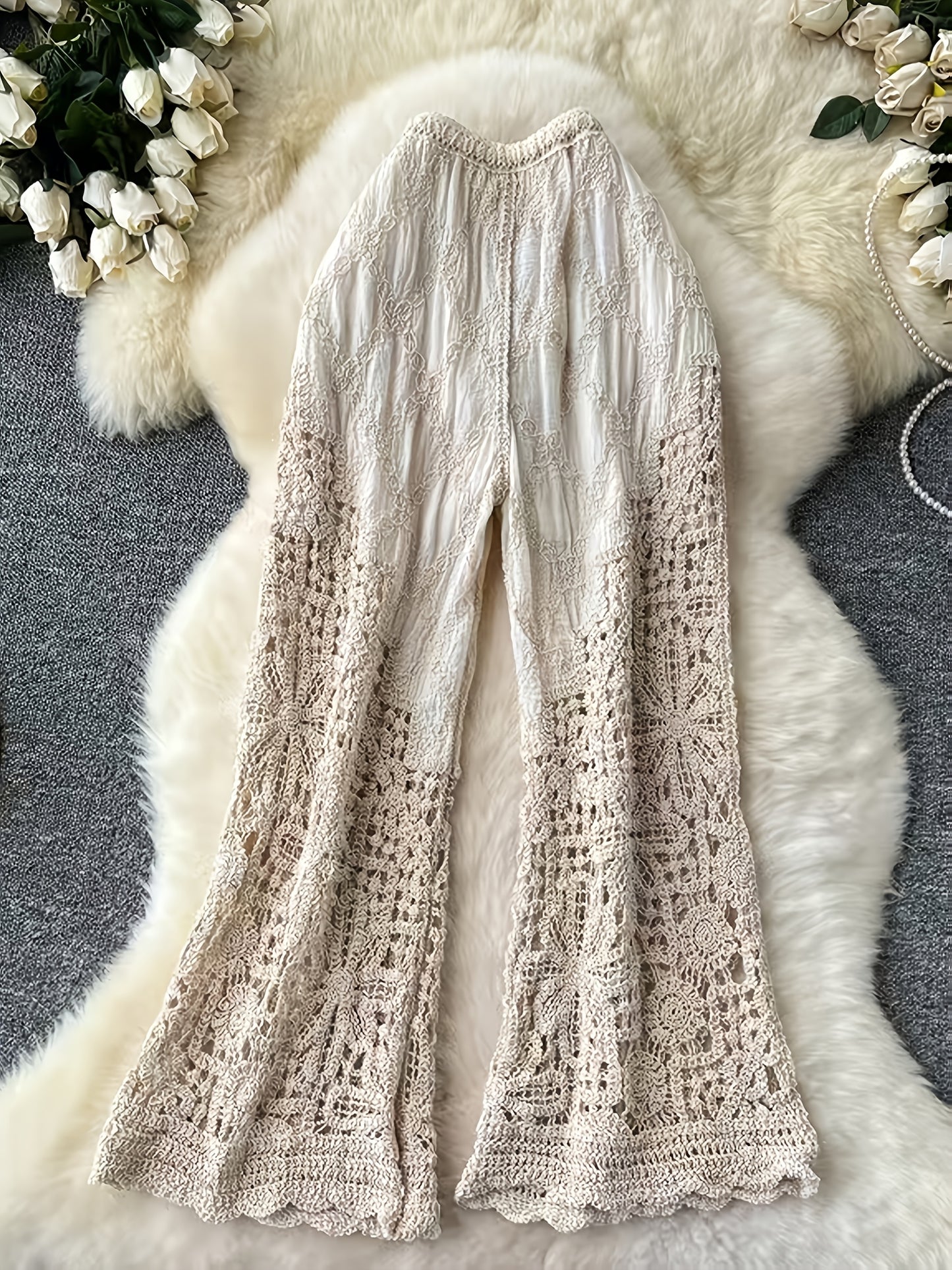 Women's Bohemian High-Waisted Wide-Leg Beach Pants - Crochet Lace Cut-Out Details, Semi-Sheer Lightweight Swimwear Cover-Up, Crochet-Style Design for Summer Poolside & Casual Outfits, Coverup Clothing, Intricate Openwork