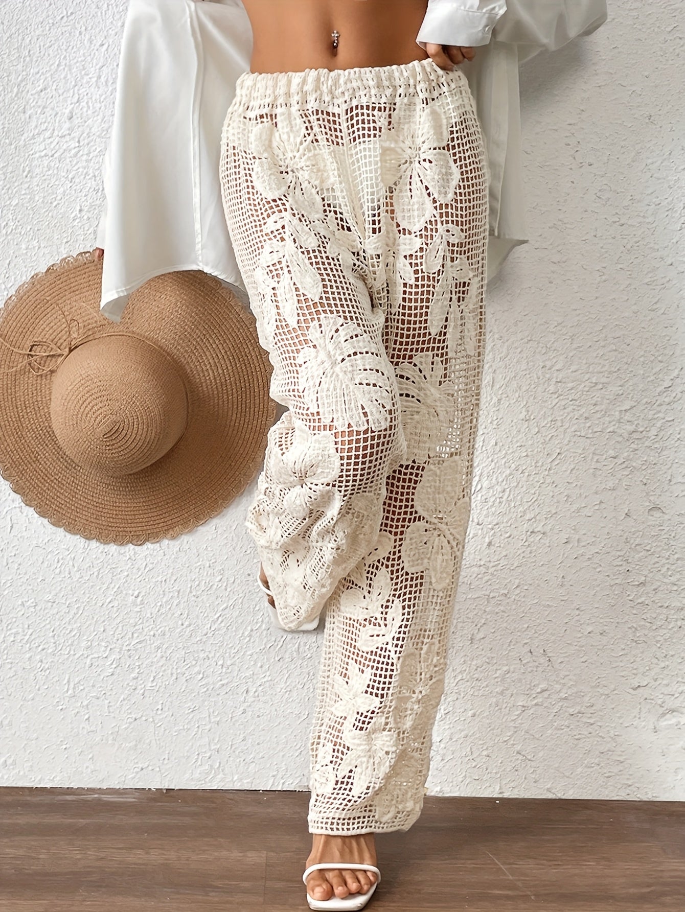 Women'S Bohemian Lace Beach Pants - High-Waisted, Hollow-Out Design, White Crochet Style for Summer Vacations, Music Festivals & Casual Outings, Vacation Clothing | Bohemian Style | Crochet Texture