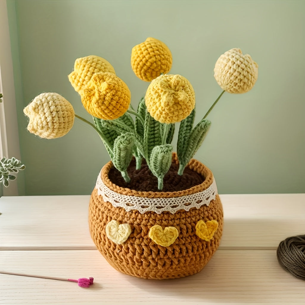 Heartfelt Gift Handmade Crochet Artificial Tulip Potted Plant Yarn Craft Home Decoration or Office Decoration