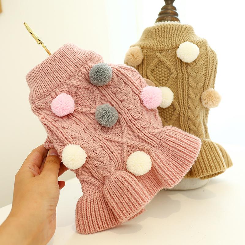 Puppy Pet Clothes Autumn Winter Knitted Warm Sweater Teddy Bichon Small Dog Pullover Yarn Dress-Pleated Wool Dress