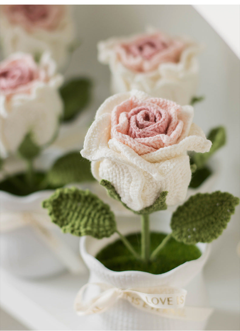 Finished Handmade Yarn Crochet Rose Artificial Flower Potted Plant Office Desk Potted Plant Knitted Flower Ornament