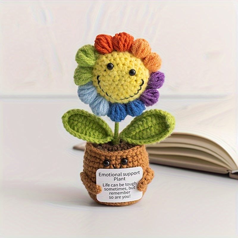 Handmade Crochet Sunflower Potted Plant with Inspirational Quotes - Rainbow Smiley Face Artificial Flower,Home、Office or desktop decoration - Mother's Day、Perfect choice for Valentine's Day or graduation gifts
