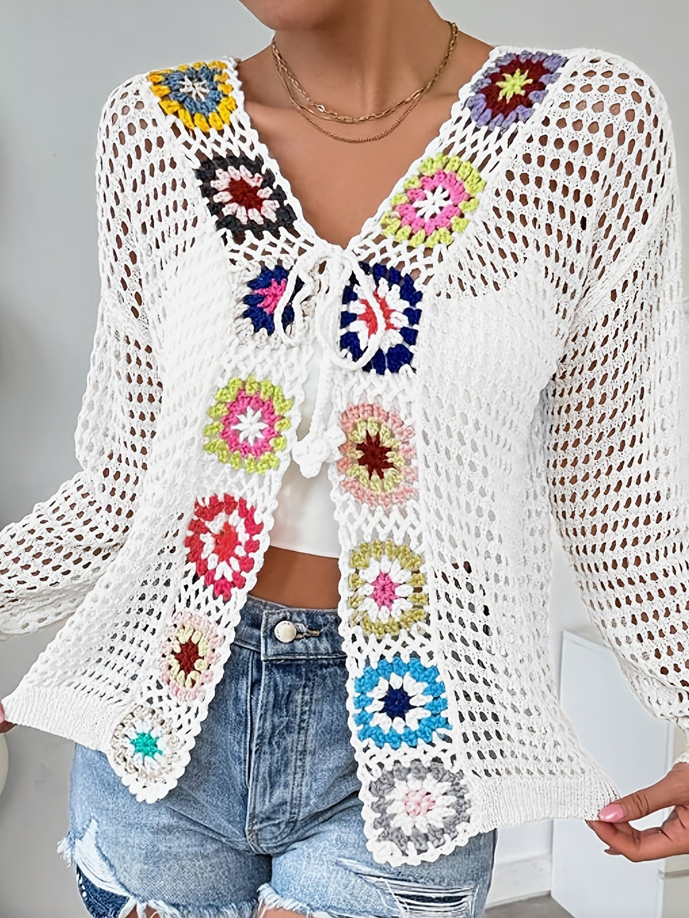 Women's Crochet Floral Cut-Out Long Sleeve Cardigan - White Open Front Knit with Colorful Flower Patterns, Perfect for Spring/Summer Vacations, Crochet Flowers, Springtime Attire, Intricate Craftsmanship
