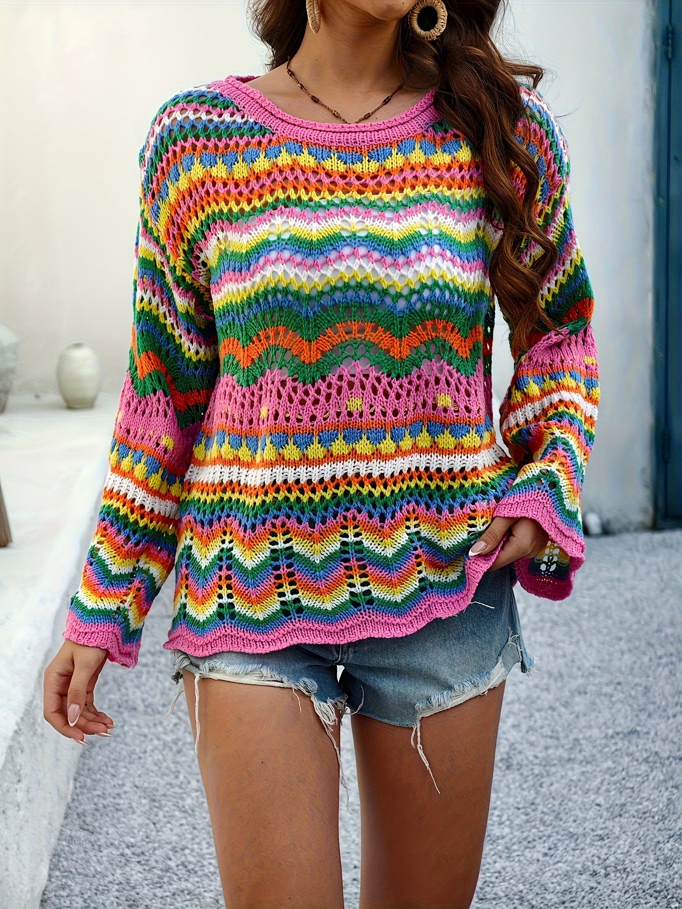 Women'S Colorful Geometric Sweater - Oversized Drop Shoulder Pullover with Intricate Pattern, Long Sleeve, Loose Fit for Spring/Summer/Fall, Casual Wear|Vibrant Knitwear|Hollow Detail Design