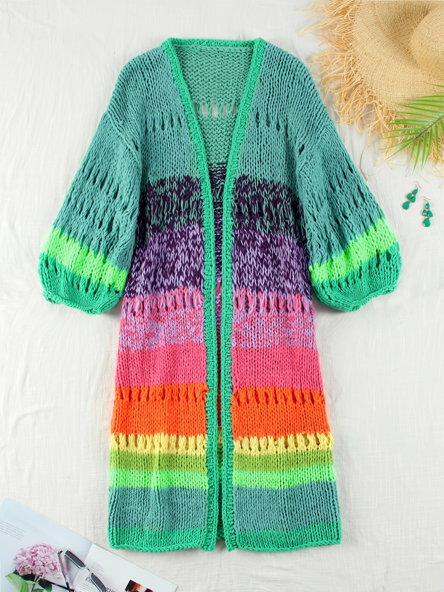 Luxurious hand- colorful Women's warm coat gradient bright color retro lantern sleeve ribbon cardigan fashionable boho long chic Women's coat Swimsuit Cover-ups K12