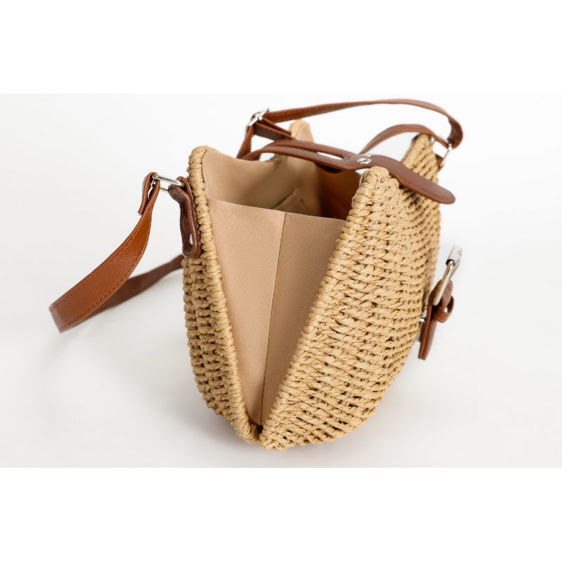 Forest Style Handwoven Tote Bag Top Layer Cowhide Flip Cover Metal Buckle Adjustable Strap Dual-use Bag Non-slip Base Design