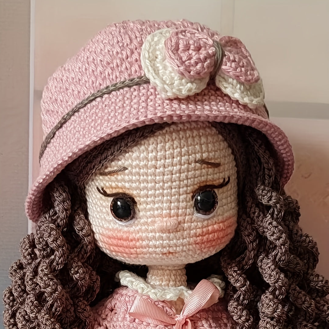 1 Set of Little Girl in Pink Dress with Beautiful Hat, DIY Crochet Material Pack for Adults Includes Yarn, Hook, English Manual and Step-by-Step Video Teaching, Perfect Holiday Gift, Easter, Valentine'S Day, Birthday Present - Unfinished