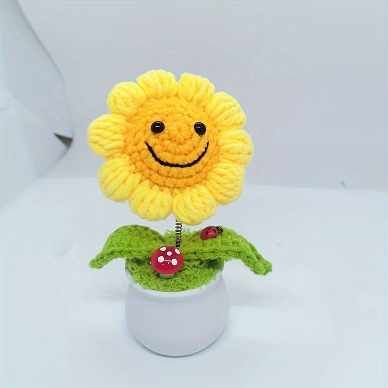 【Interior Decoration】Handmade Crochet Sunflower Potted Plant - Bright yellow and green smiling sunflowers,There is a red ladybug on the mushroom,Ideal Graduation Gift and Charming Car Decoration