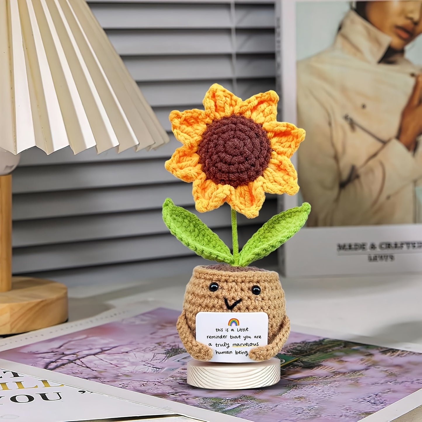Handmade Crochet Sunflower Doll with Inspirational Card - Fabric Positivity Gift for Coworker, Friend, Teacher, Sister, Mom - Christmas, Birthday, Thank You Present for Women & Men - Home Decor No Electricity Needed, Crochet Doll