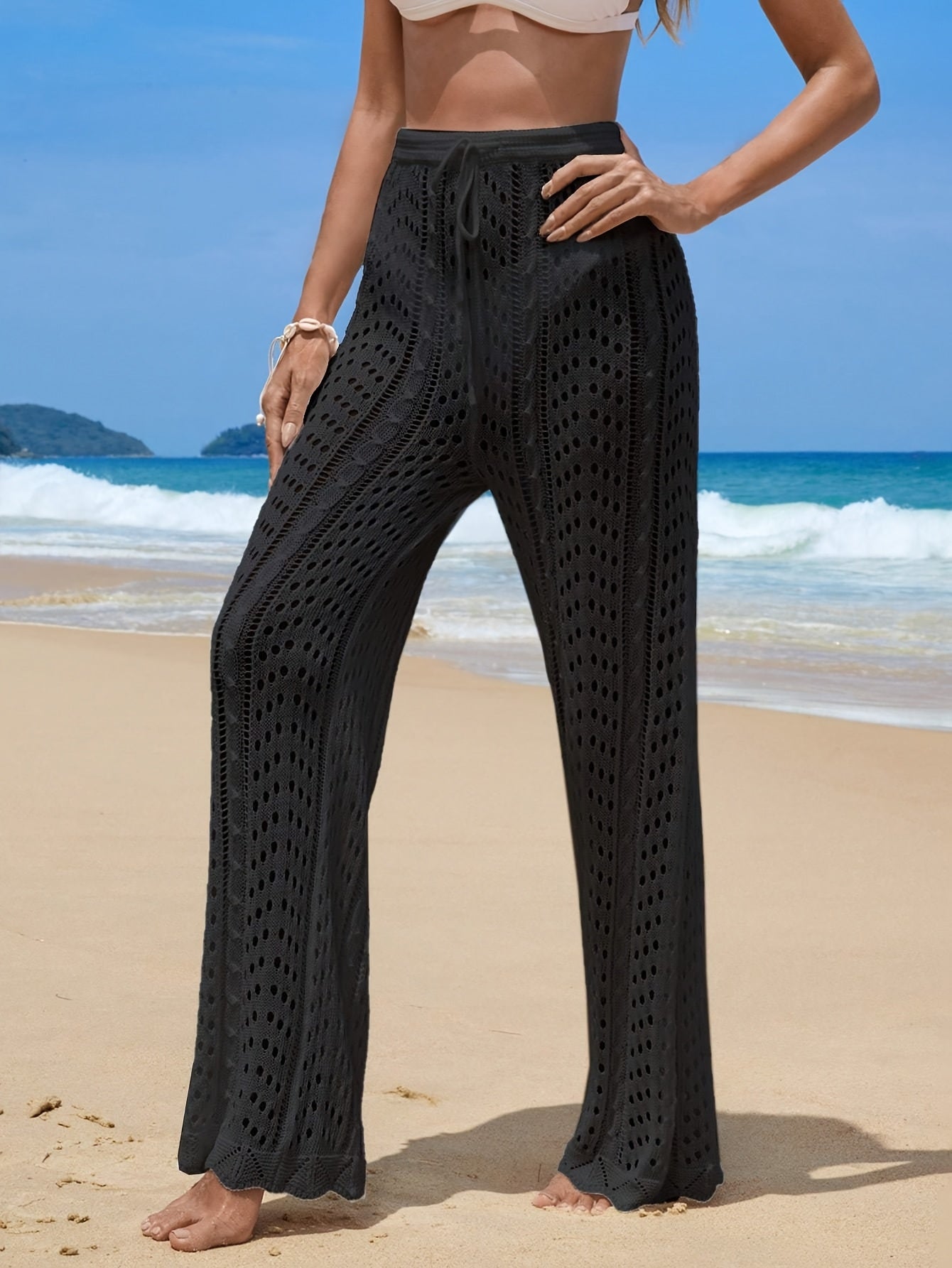 Women'S Casual Long Sleeveless Hollow-Out Crochet Beach Pants, Black, Lightweight Polyester, Side Button Closure, Perfect for Summer Vacation