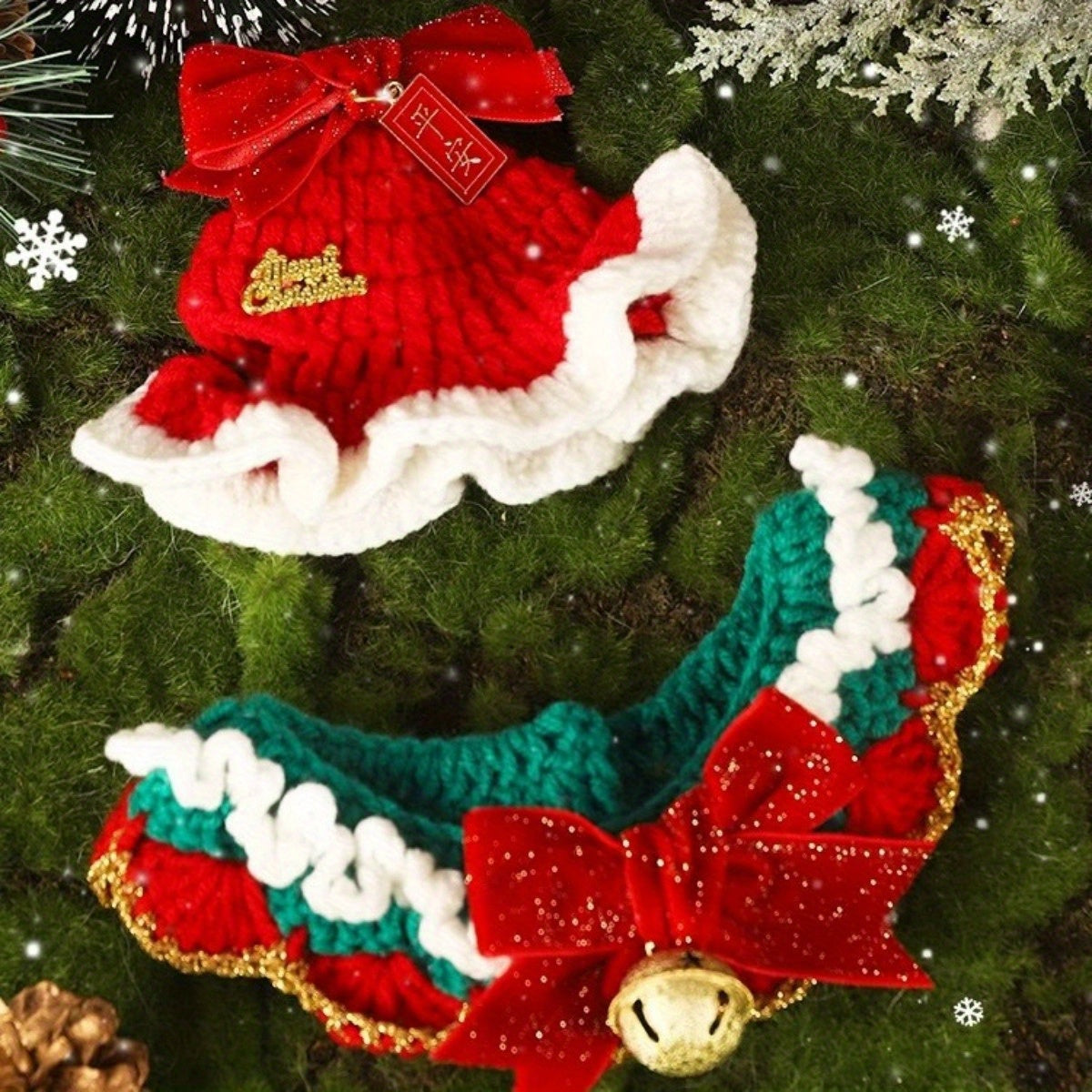 Christmas Cat Scarf,Knitted Pet Collar,Holiday Cat Hat,Medium-sized dog,Cotton Fabric,Seasonal Winter Pet Accessories,With Rope Closure System