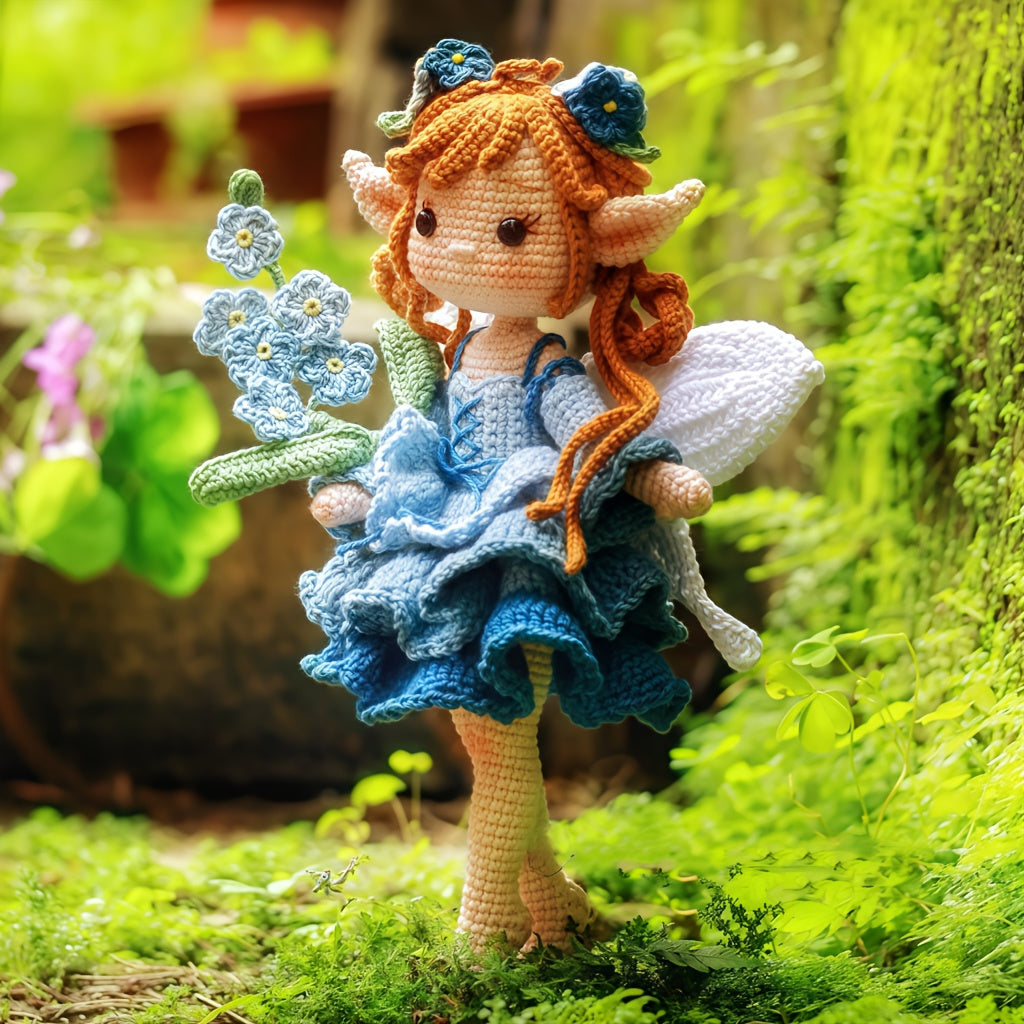 1pc/set, beginner's DIY crochet set, fairy girl holding blue flowers, DIY crochet materials include yarn and hooks, complete DIY handicraft set with crochet teaching steps, perfect for home decoration and gifts, suitable for experienced crochet enthusiast
