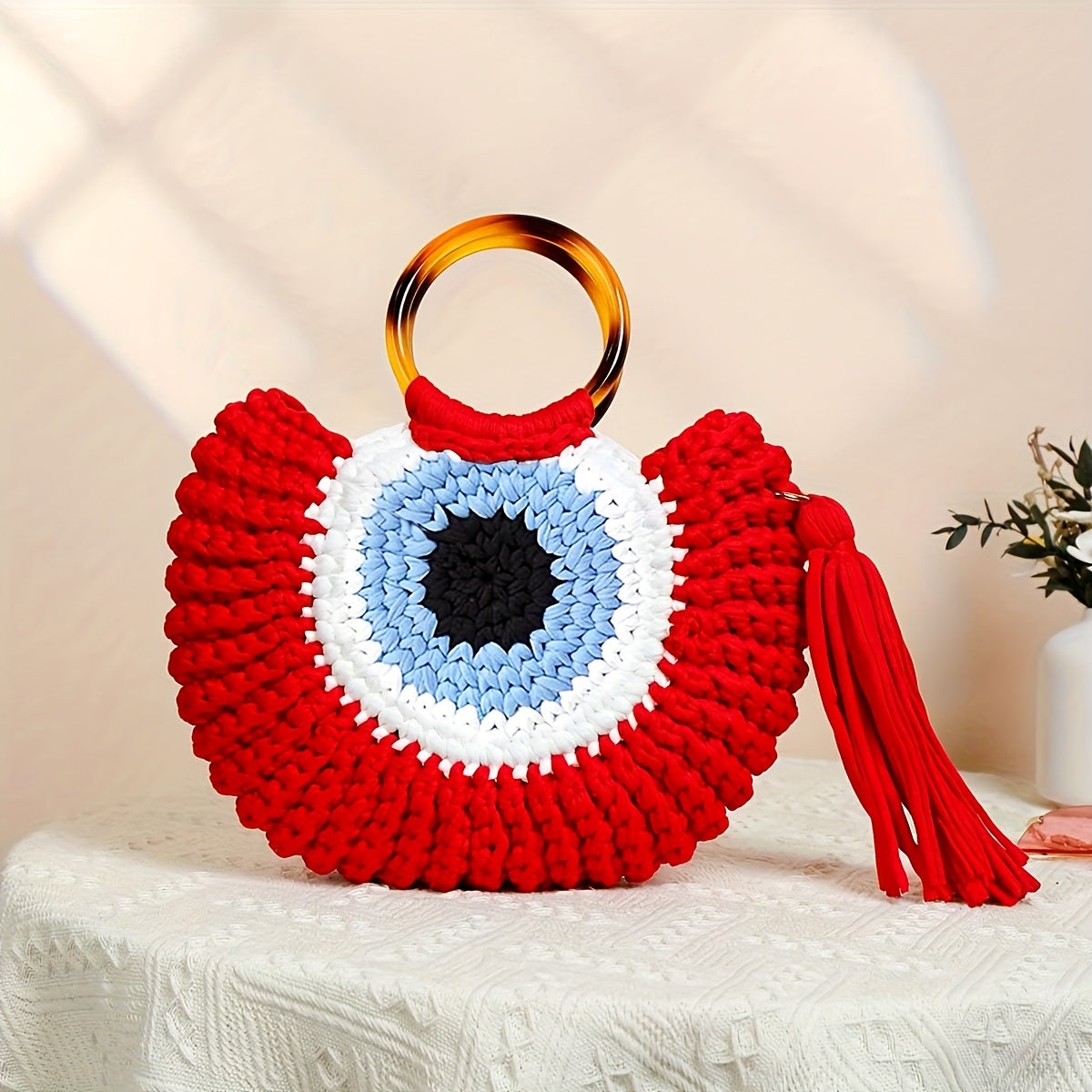 Handmade Crochet Large Capacity Bohemian Tote Bag,Eye-catching Geometric Patterns and Strap Details,Perfect for travel and outdoor activities