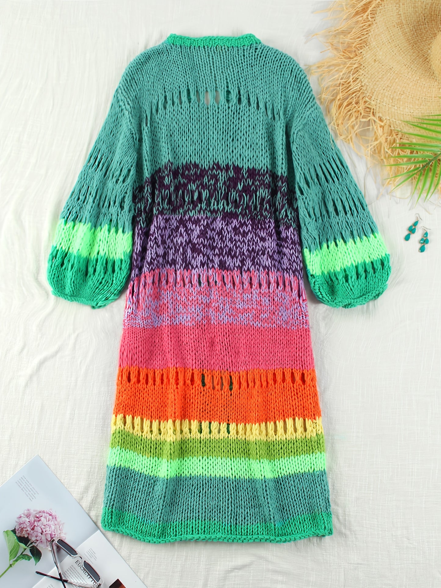 Luxurious hand- colorful Women's warm coat gradient bright color retro lantern sleeve ribbon cardigan fashionable boho long chic Women's coat Swimsuit Cover-ups K12