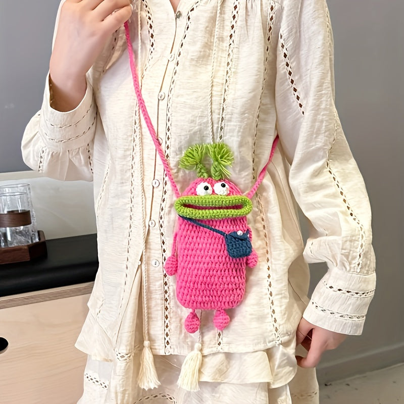 Fashion Handmade Crochet Animal Print Crossbody Bag - Cute woven fabric phone pouch with flap cover,Women's fashion accessories perfect choice