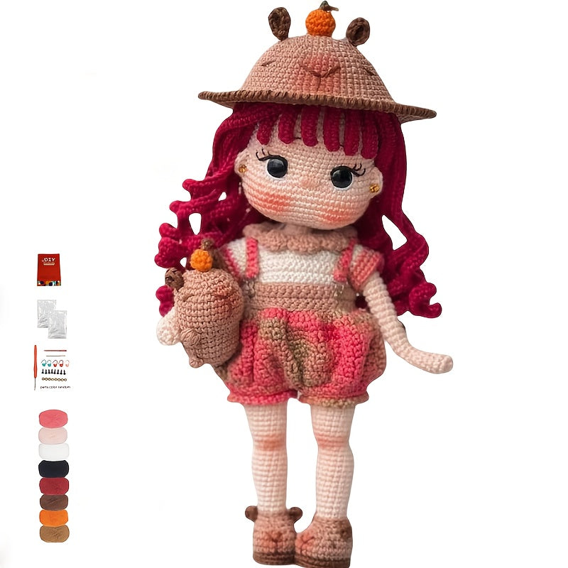 2A red-haired girl + Hat - Handmade Crochet DIY Material Set,Girl Pattern - Includes English Paper Manual,Complete Tool Set - Suitable as a birthday gift,Comes with a gift bag,Suitable for All Seasons - Unfinished product,Birthday Party Handicrafts | Fun