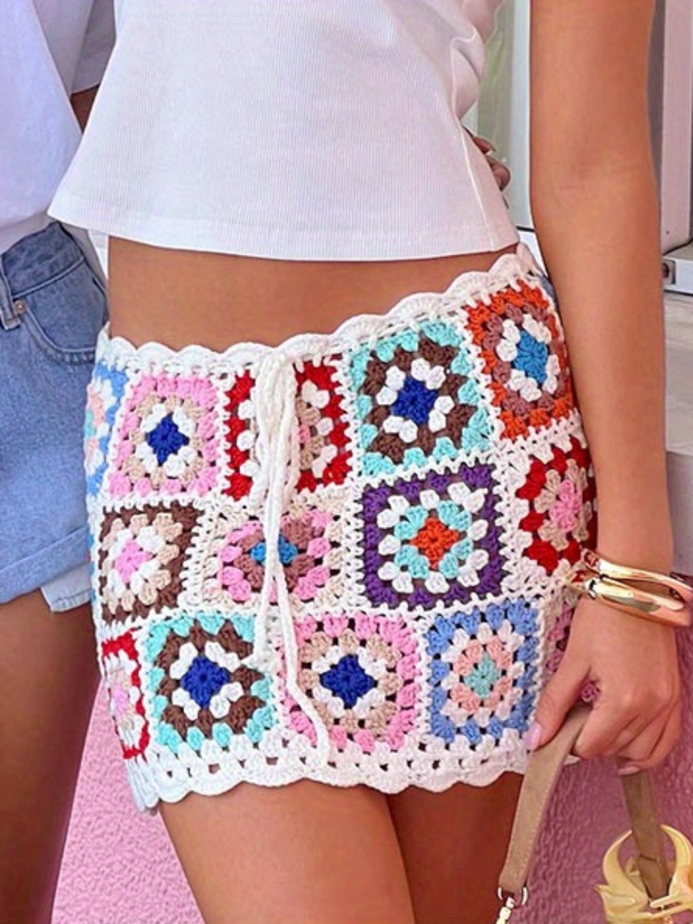 Handmade Crochet Mini Skirt with Colorful Geometric Pattern - Adjustable Drawstring, Closed Side, Flowy Design for Women | Ideal for Summer Beach Vacations, Beach Vacation Attire | Playful Pattern Skirt | Stylish Knitwear