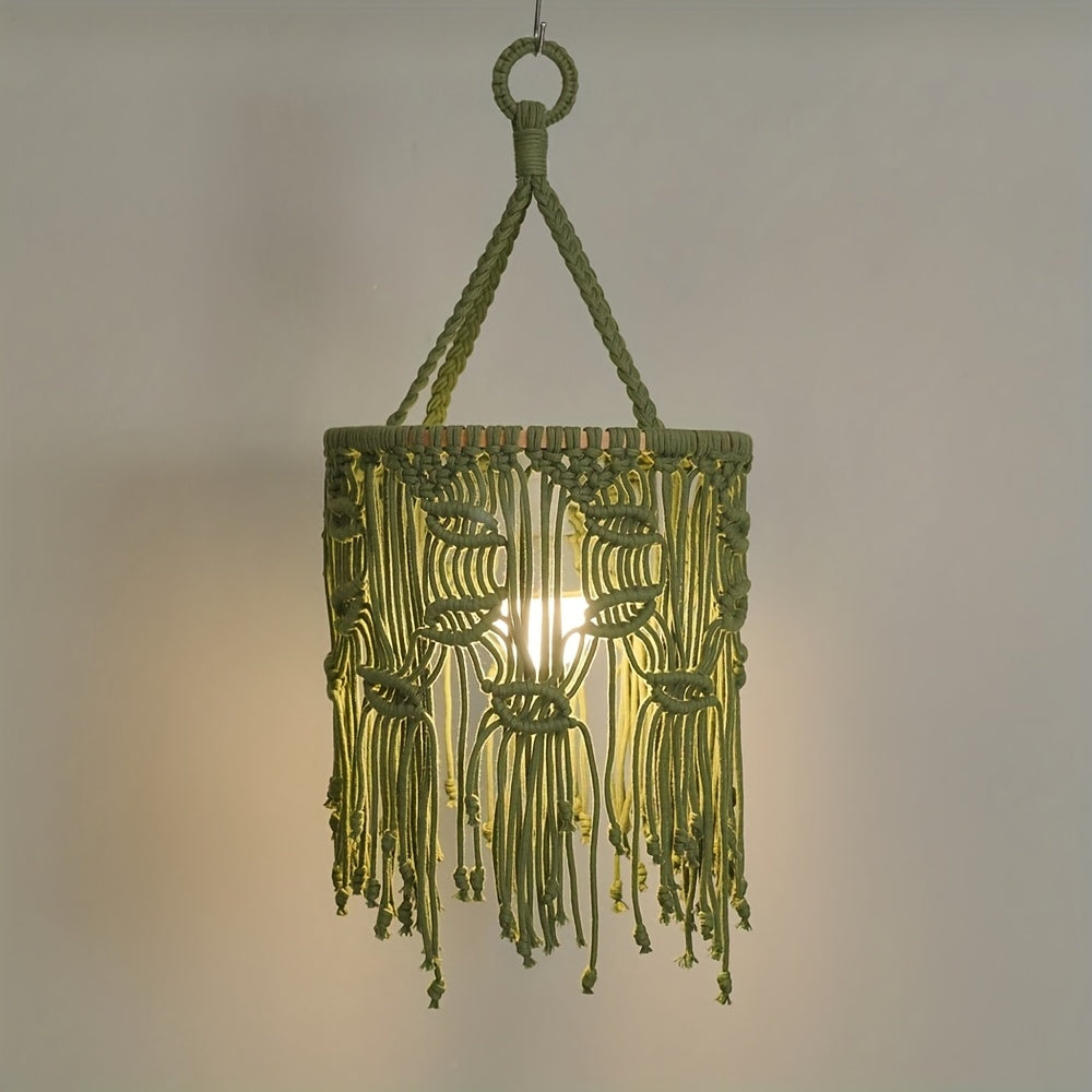 1Bohemian Style Handwoven Green Leaf Tassel Lampshade - Art Fabric Hanging Lamp Shade for Home Decoration(Does not include lights),Exquisite Woven Patterns