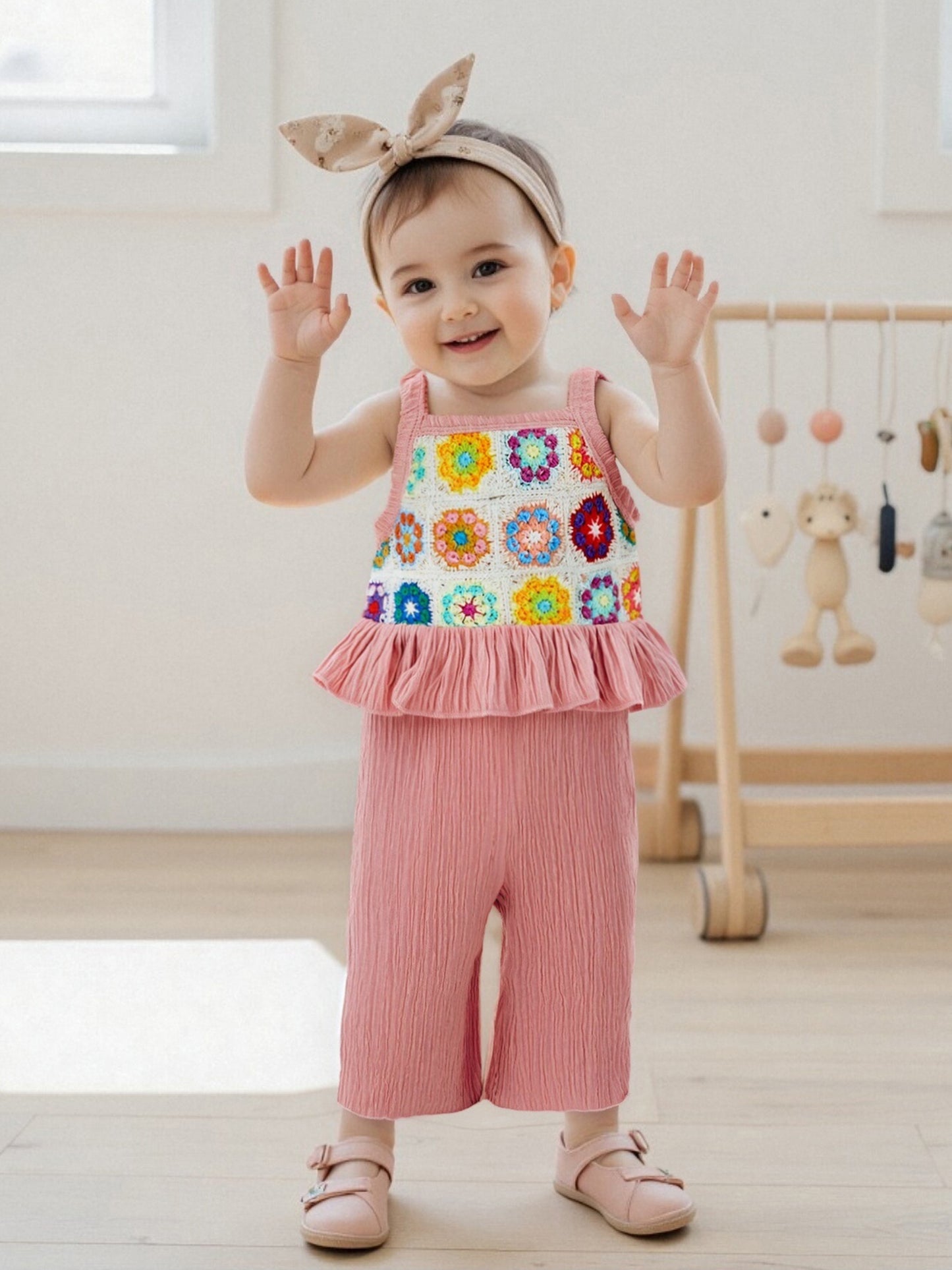 2pcs Boho Youngsters' Sleeveless Floral Crochet Knitted Ruffle Tank Cami Top & Wide Leg Pants Set - Elastic Waist, Linen Blend, Perfect for Summer Beach Outfits, Youngsters' Clothing | Floral Pattern Top | Crochet Knitted Fabric, Youngsters Clothes, for O