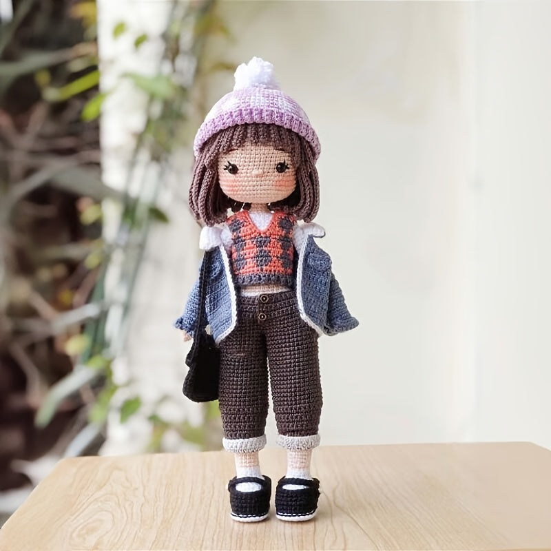 7pcs Crochet Kit for Beginners - Cool Girl in Denim Jacket, Cute Character Crochet Set with Step-by-Step Video Tutorial, Ideal for Backpack Charms, Home Decor, Mother'S Day & Valentine'S Gift, Wedding Display!