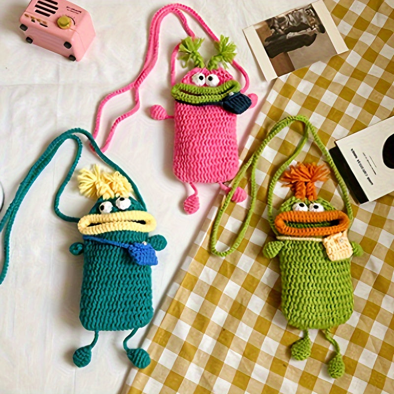 Fashion Handmade Crochet Animal Print Crossbody Bag - Cute woven fabric phone pouch with flap cover,Women's fashion accessories perfect choice