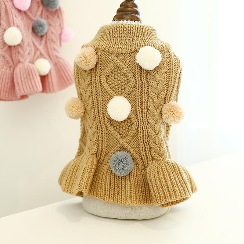 Puppy Pet Clothes Autumn Winter Knitted Warm Sweater Teddy Bichon Small Dog Pullover Yarn Dress-Pleated Wool Dress