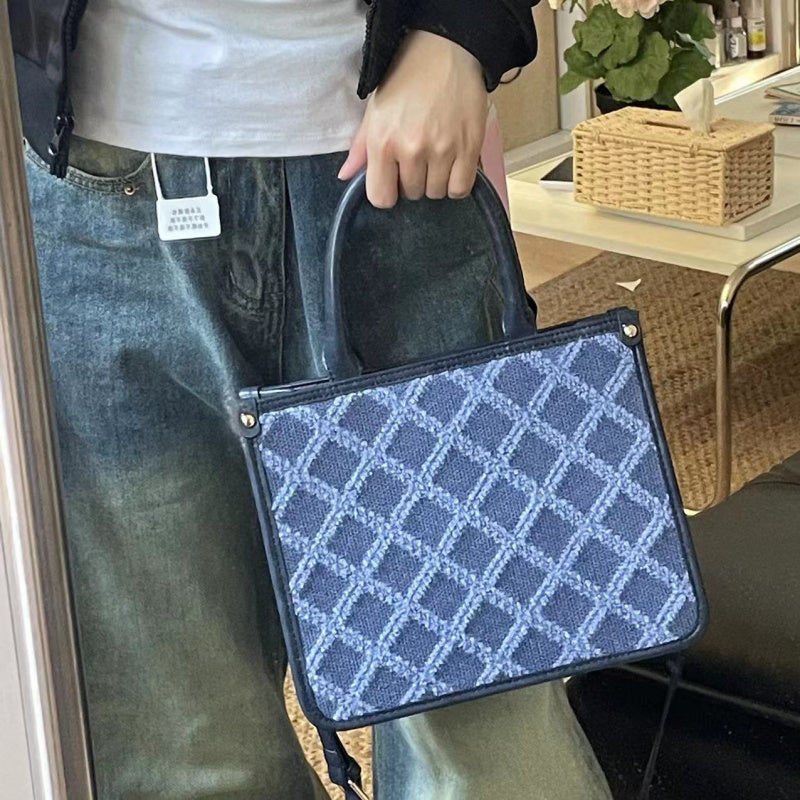 Deep Blue Diamond Pattern Tote Bag2025New ins Luxury Style Commuter Large Capacity Handbag with Leather Handle and Rivet Decoration