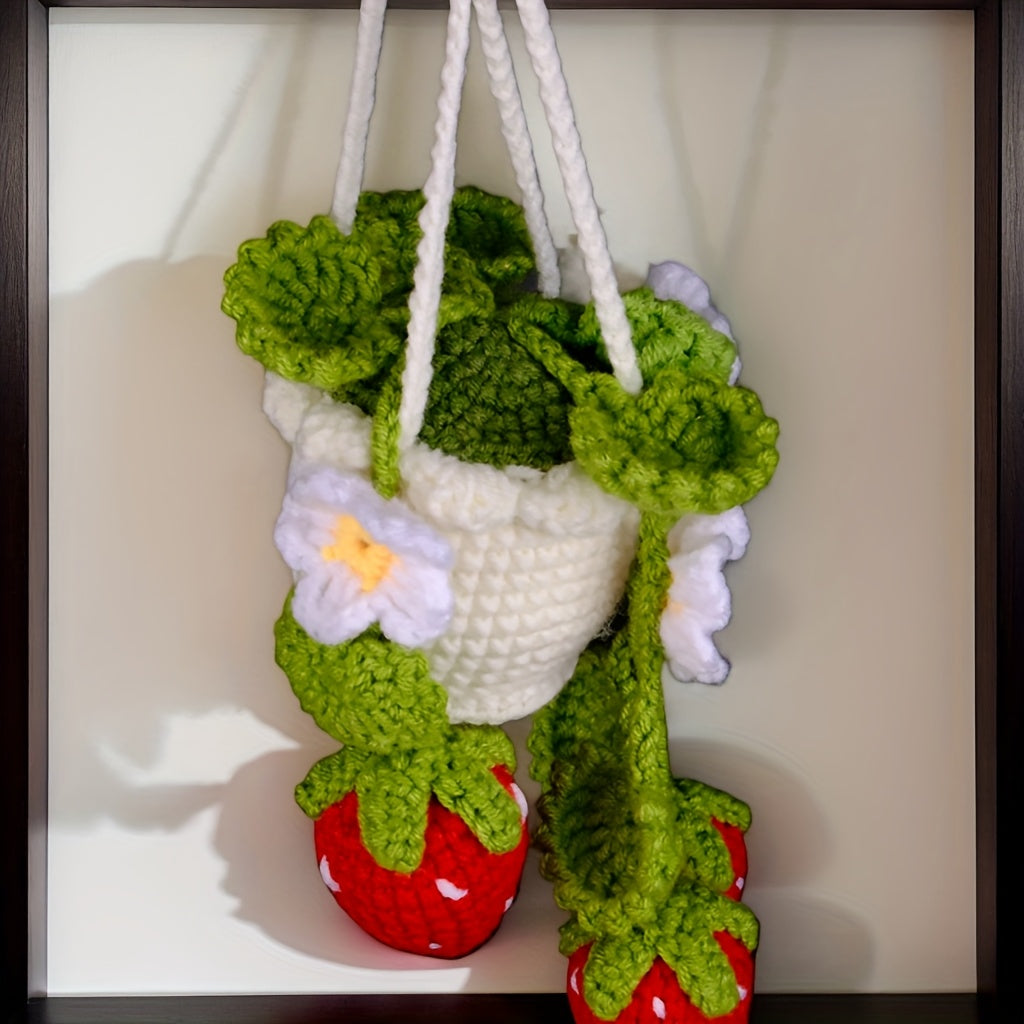 1Artificial Flowers,Handmade Crochet Strawberry Flower Pot Hanging Ornament,Handmade Crochet Strawberry Planting Hanging Ornament,7.8Inch Fabric Decoration,With Greenery,Suitable for living room and bedroom,Home Decoration,Car Decoration