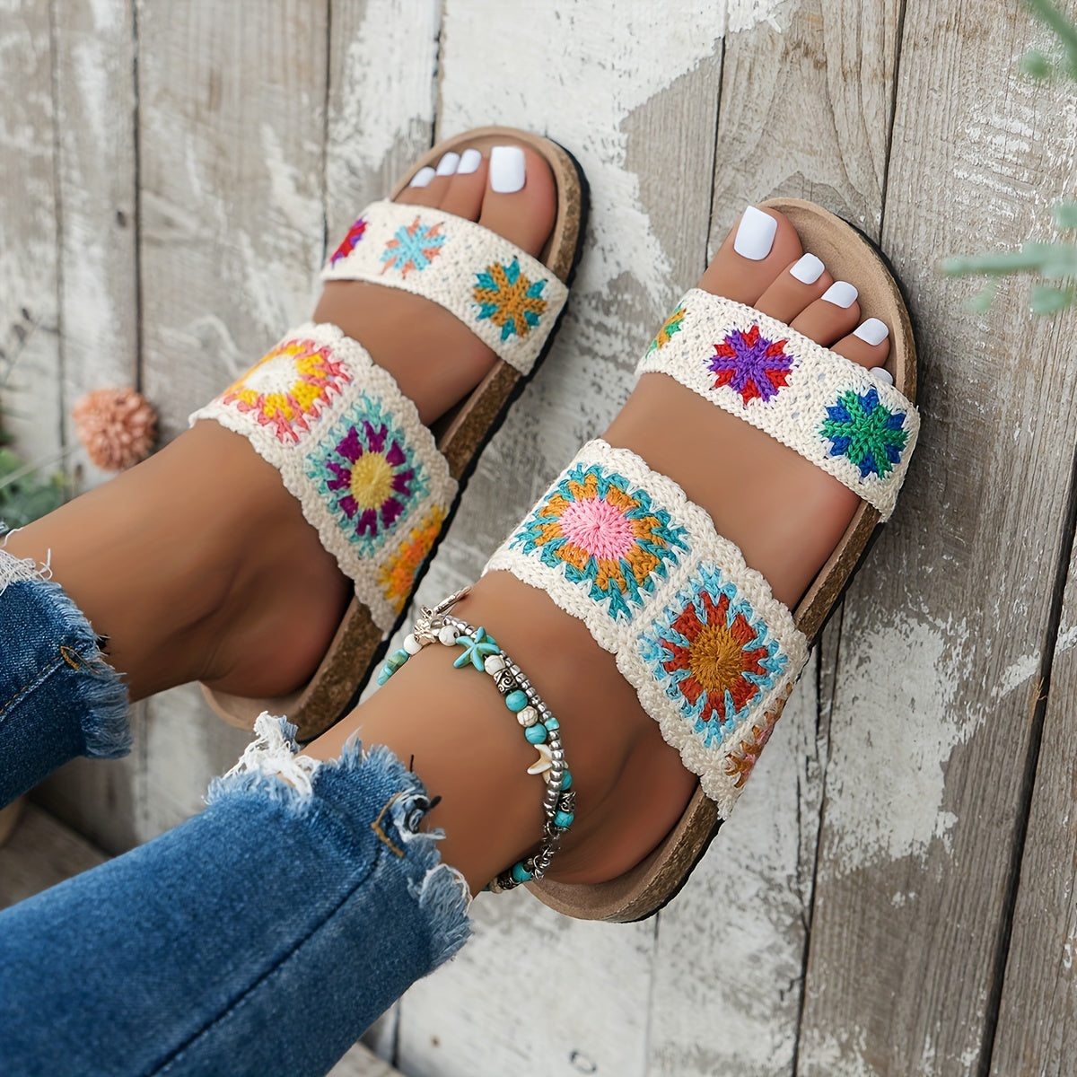 Women's Black Apricot Knitted Cute Floral Double-V Straps Round Toe Open-Toe Slip-On Fashionable Versatile Flat Slippers with Non-Slip Wear-Resistant Large Size Home Shoes Suitable for Vacation Travel Bohemian Style Sandals