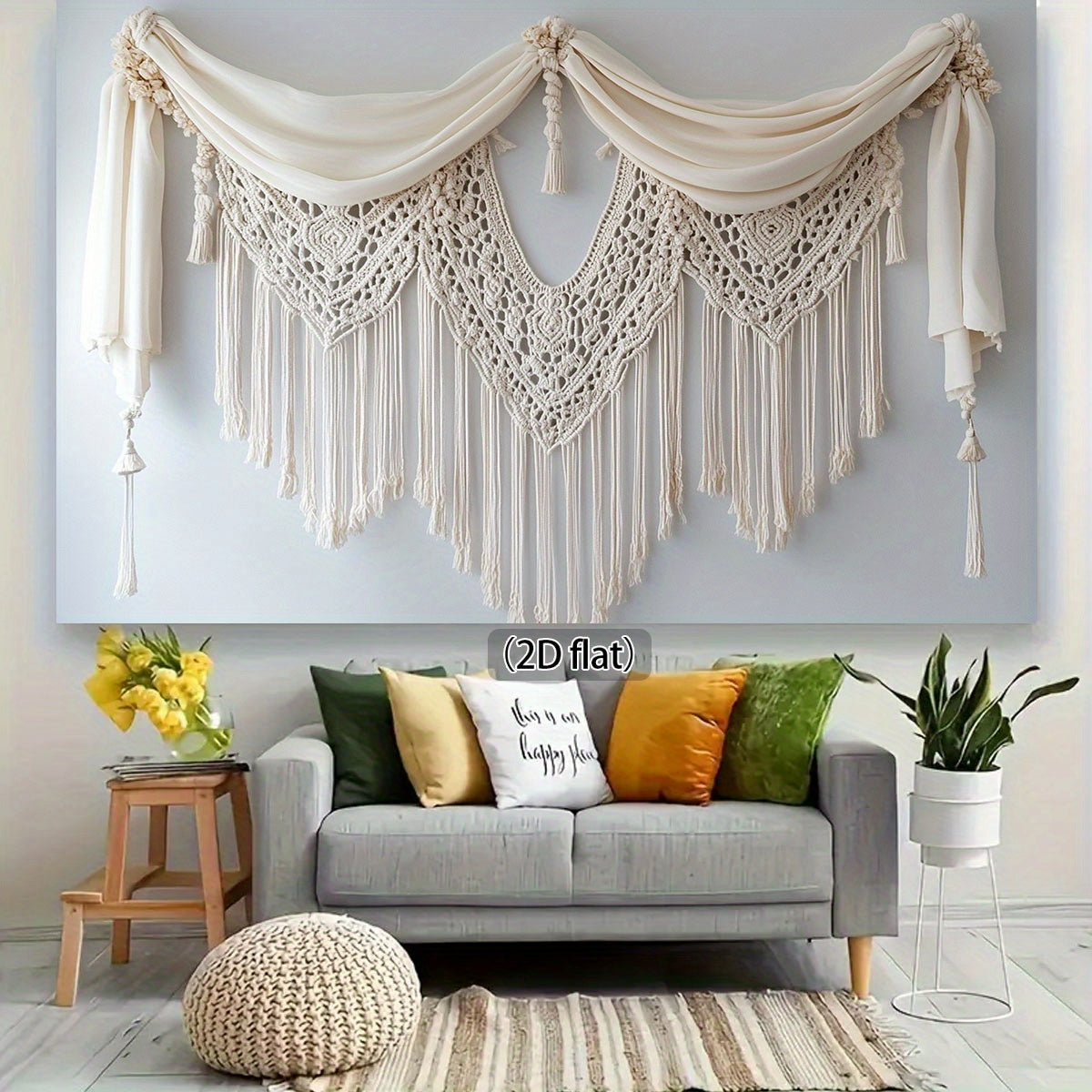 1pc Boho Jute Rope Wall Art Background,Elegant Crochet Patterns and Nodular Edges - 2D Graphic Design,White polyester,Perfect for weddings,Camera Room and Multi-Functional Decoration,No Electricity Required,Wedding Decoration | Elegant Crochet Design | Ju