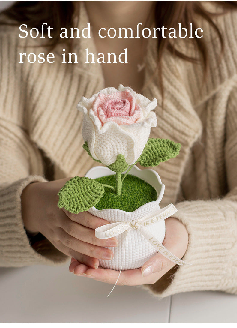 Finished Handmade Yarn Crochet Rose Artificial Flower Potted Plant Office Desk Potted Plant Knitted Flower Ornament