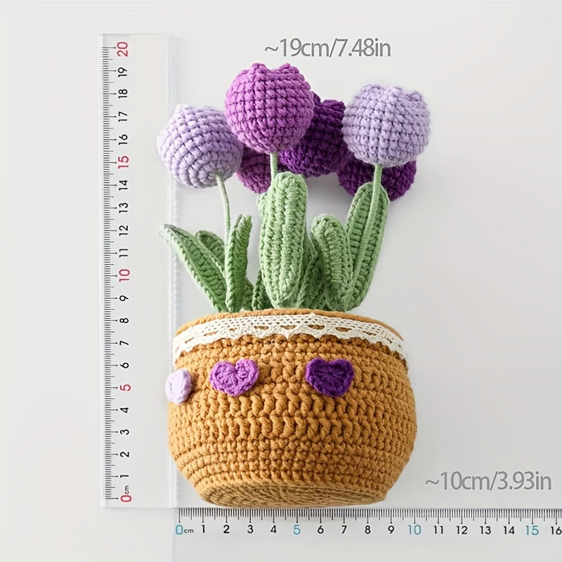 Heartfelt Gift Handmade Crochet Artificial Tulip Potted Plant Yarn Craft Home Decoration or Office Decoration