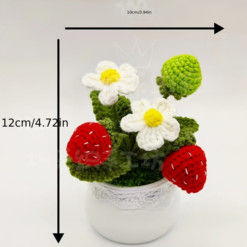 Handmade Crochet Strawberry Potted Plant - Faux Velvet Flower Decoration,Pot included,Suitable for home and party table display