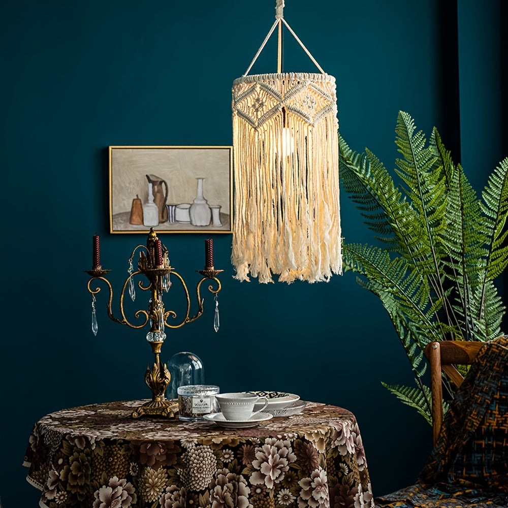 1Bohemian Style Handwoven Beaded Tassel Lampshade - White Blue Art Decorative Hanging Lampshade,Suitable for Living Room、Bedroom、Terrace Decoration(Bulb Not Included),Bedroom Ceiling Decoration | Tassel Decoration | Handicraft Quality,Room Decoration
