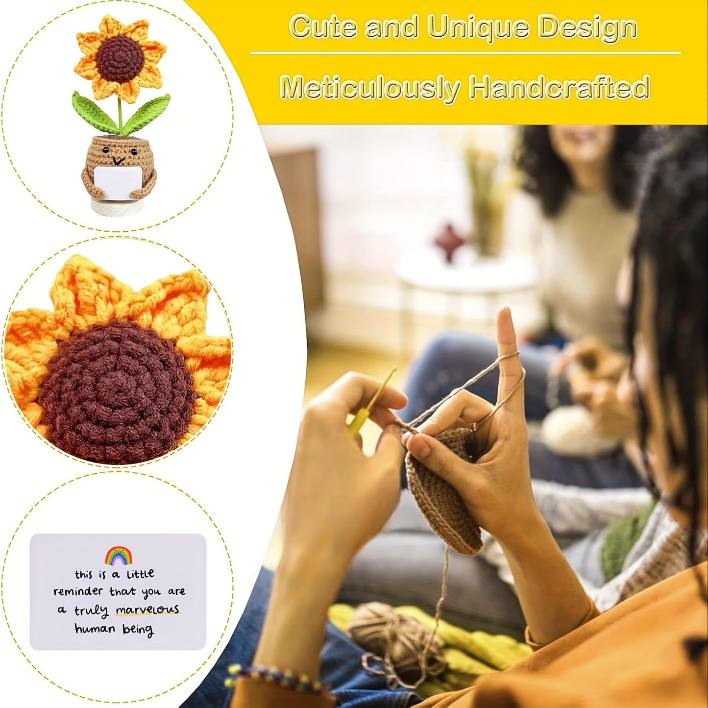 Handmade Crochet Sunflower Doll with Inspirational Card - Fabric Positivity Gift for Coworker, Friend, Teacher, Sister, Mom - Christmas, Birthday, Thank You Present for Women & Men - Home Decor No Electricity Needed, Crochet Doll
