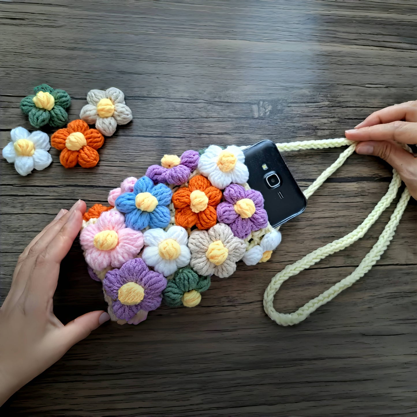 1 Beginner Crochet Kit for Making a Flower Phone Bag,Including English teaching videos、Crochet Kit for Adults