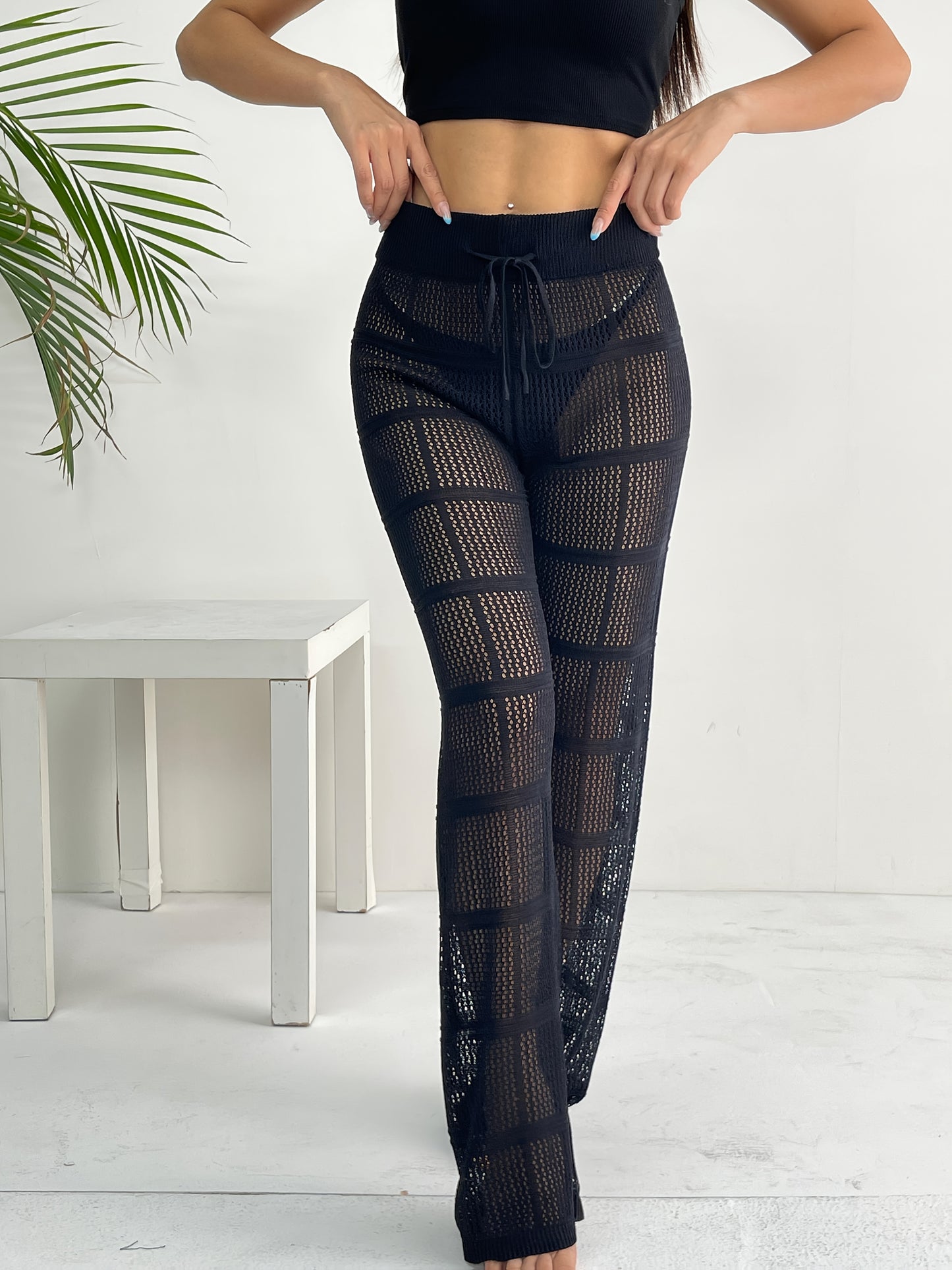 Openwork Women's Elegant Beach Knitted Trousers for Vacation Spring and Summer Elastic Waistband Semi-Transparent