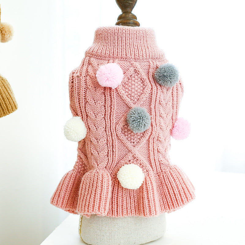 Puppy Pet Clothes Autumn Winter Knitted Warm Sweater Teddy Bichon Small Dog Pullover Yarn Dress-Pleated Wool Dress