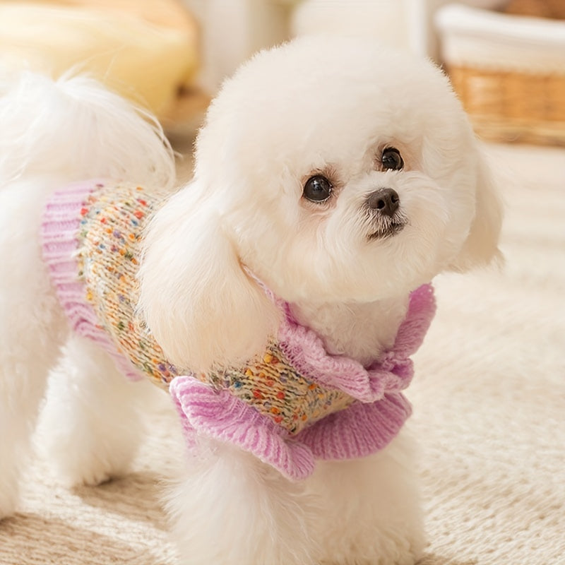 Autumn Winter Dog Sweater - Colorful Floral Pattern Knit Pullover with Ruffle Trim,Warm and Soft Small Dog Clothing,plaid Pet Clothes for Cold Weather,High Quality Craft