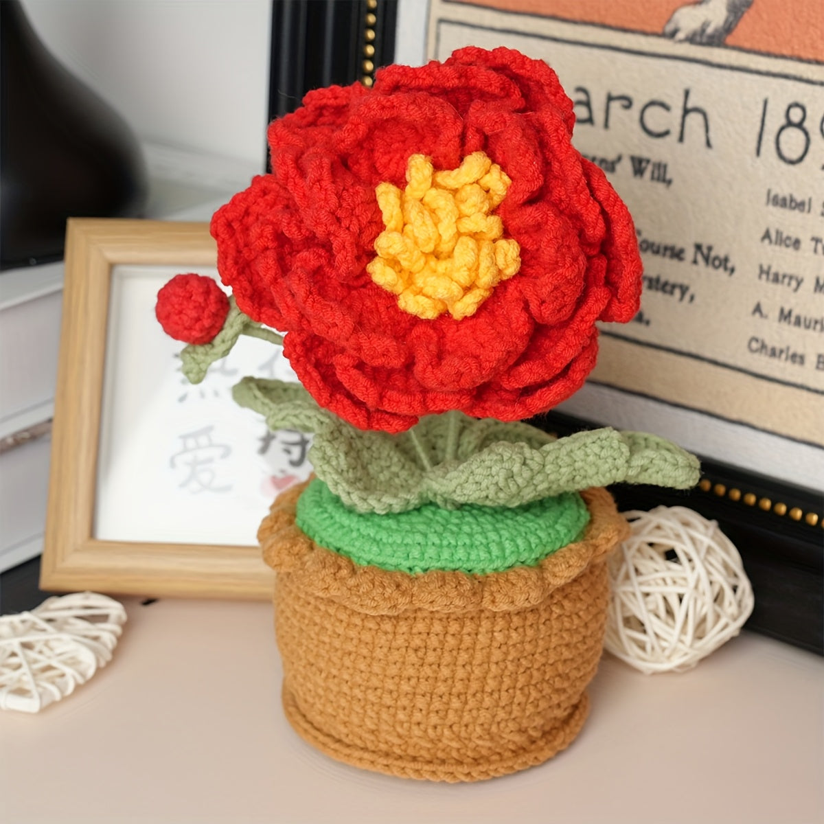 1Handwoven Peony Potted Plant,Cozy Home Decor,Wedding Favor Gifts,Suitable for Office、Living Room、Bedroom - Gift for Wife、Mother、A thoughtful gift for my girlfriend(Birthday、Christmas、Thanksgiving Day、Valentine's Day)