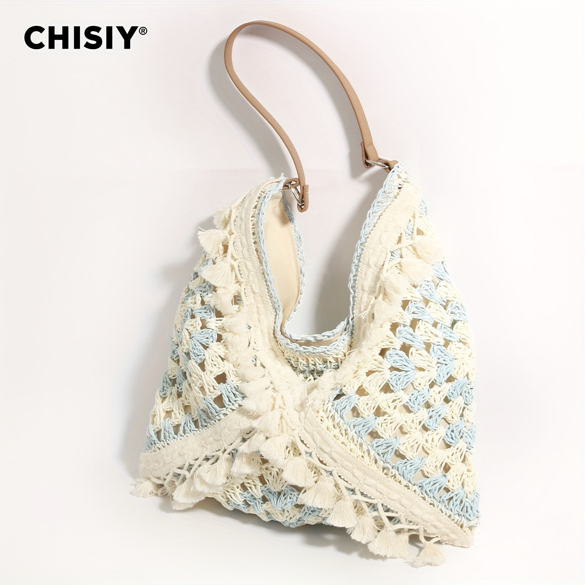 CHISIY Handmade Crochet Beach Tote Bag - Light Blue and White Woven Straw Shoulder Bag,Zipper Closure,Casual summer style suitable for women,Beach bag,Vacation Accessories,Woven Texture