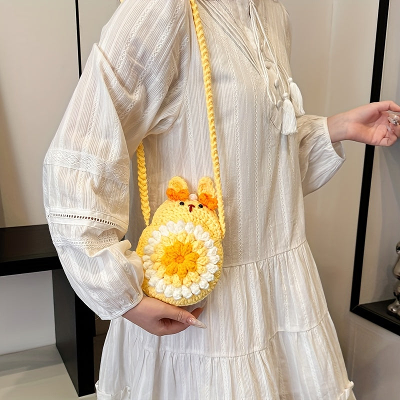 Handmade Crochet Rabbit Crossbody Bag - Adjustable Shoulder Strap,Cute Bunny Design,Suitable for mobile phones/Card/Change,Pink and yellow sweet style,Korean and Japanese Style Women's Fashion Accessories,Practical Small Bag,Fabric Craft,Simple Style,Soft