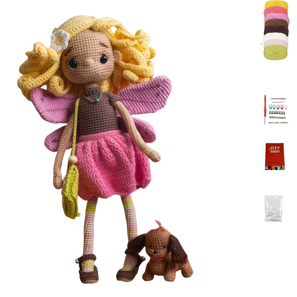 1Princess Beginner Crochet Kit,Crochet Kit for Adults,With Step-by-Step Textual Tutorial,Rose Fairy and Dog DIY Woven Kit,Cute and Fun Spring Summer Home Decor Ornaments,Birthday Valentine's Day Holiday Gifts