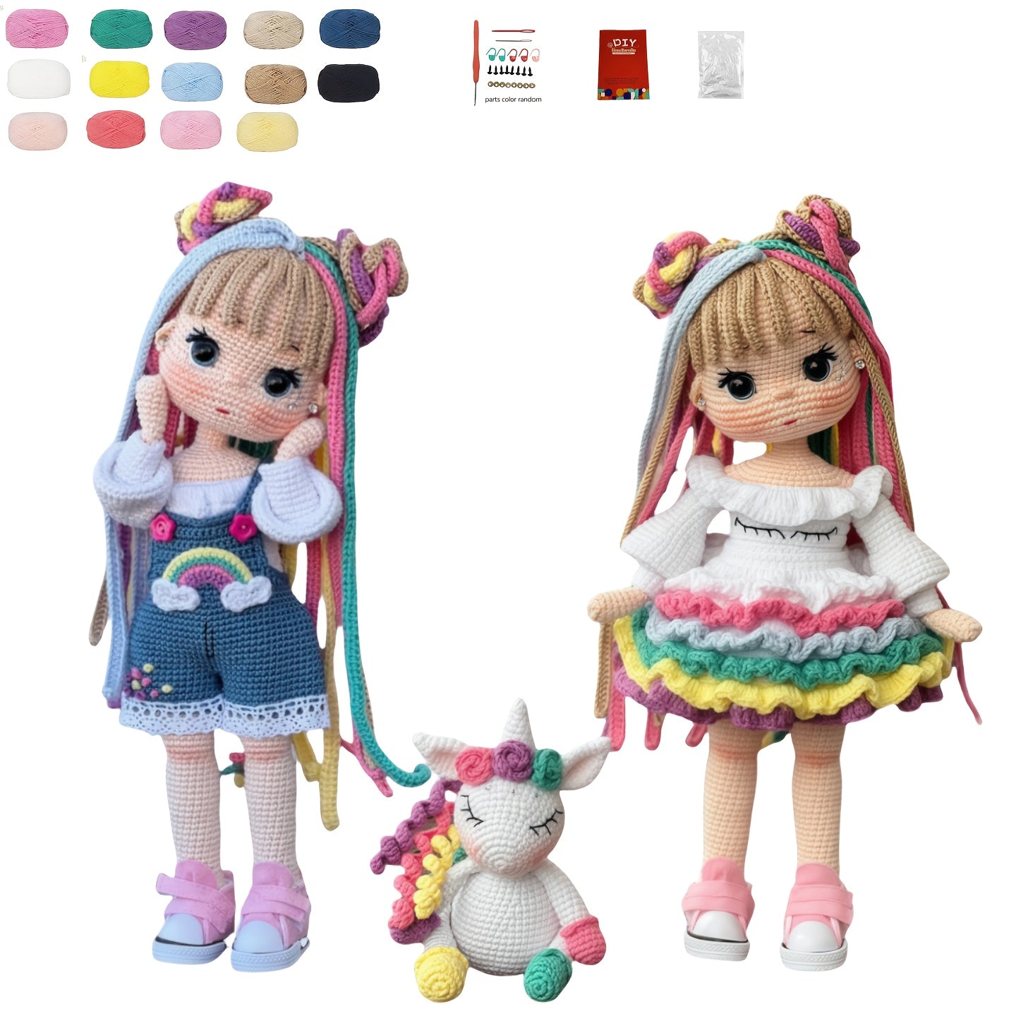 3pcs Adorable Sister Flower Hair Accessories Crochet Kits - Rainbow Girl & Unicorn Dolls with English Instructions - DIY Crochet Tote Bag, Perfect for Birthdays, Valentine'S Day, Weddings, Thanksgiving Gifts, All-Season Crafts, Birthday Crafts | Playful D