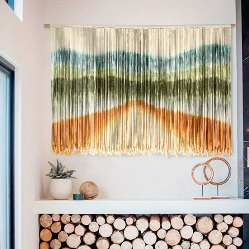 【Family relaxation】Large Bohemian Macrame Wall Hanging Canvas - Stripes、Gradient Blue and Black Fiber Art,Perfect for modern home decor,51Inches Wide x 31Inches Long,Cotton material,Bohemian Home Decor|Striped Pattern|Handmade Textile Products,McLamy Wall