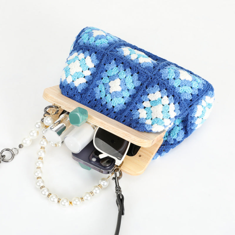 Vintage Handmade Blue Handicraft Crochet Hand Bag Flower Wooden Coin Purse Leather Shoulder Strap Bohemian Woven Handbag