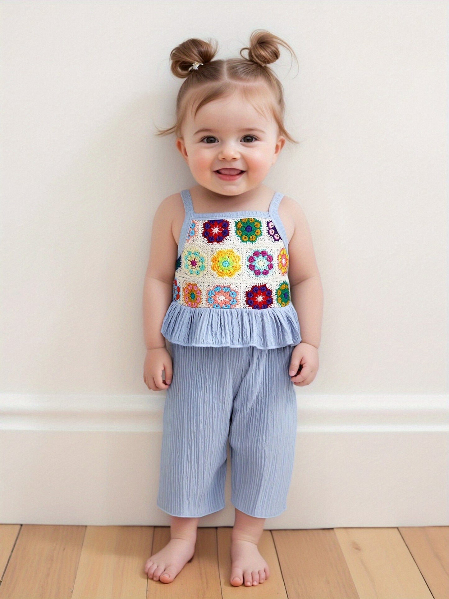 2pcs Boho Youngsters' Sleeveless Floral Crochet Knitted Ruffle Tank Cami Top & Wide Leg Pants Set - Elastic Waist, Linen Blend, Perfect for Summer Beach Outfits, Youngsters' Clothing | Floral Pattern Top | Crochet Knitted Fabric, Youngsters Clothes, for O
