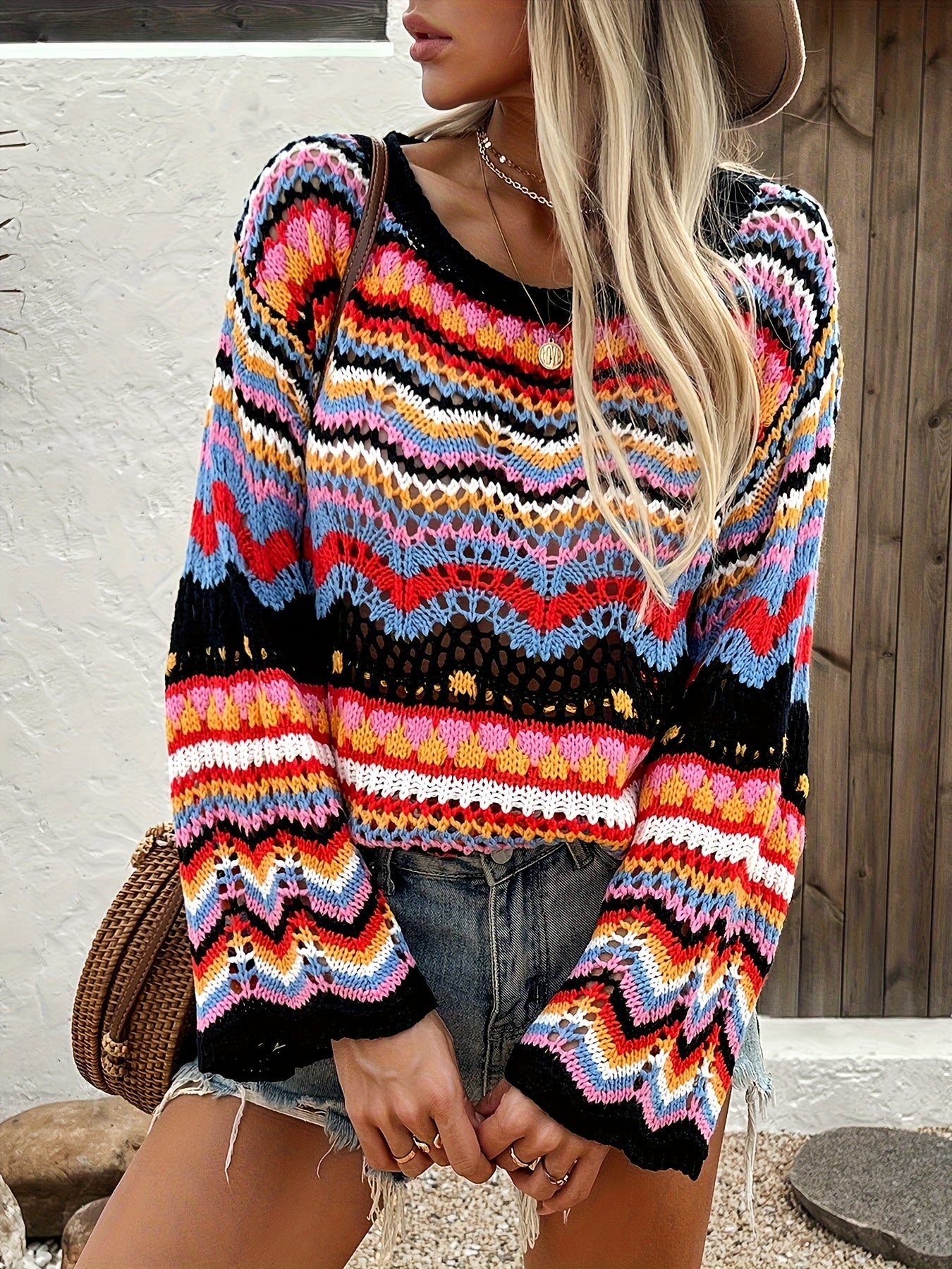 Women'S Colorful Geometric Sweater - Oversized Drop Shoulder Pullover with Intricate Pattern, Long Sleeve, Loose Fit for Spring/Summer/Fall, Casual Wear|Vibrant Knitwear|Hollow Detail Design