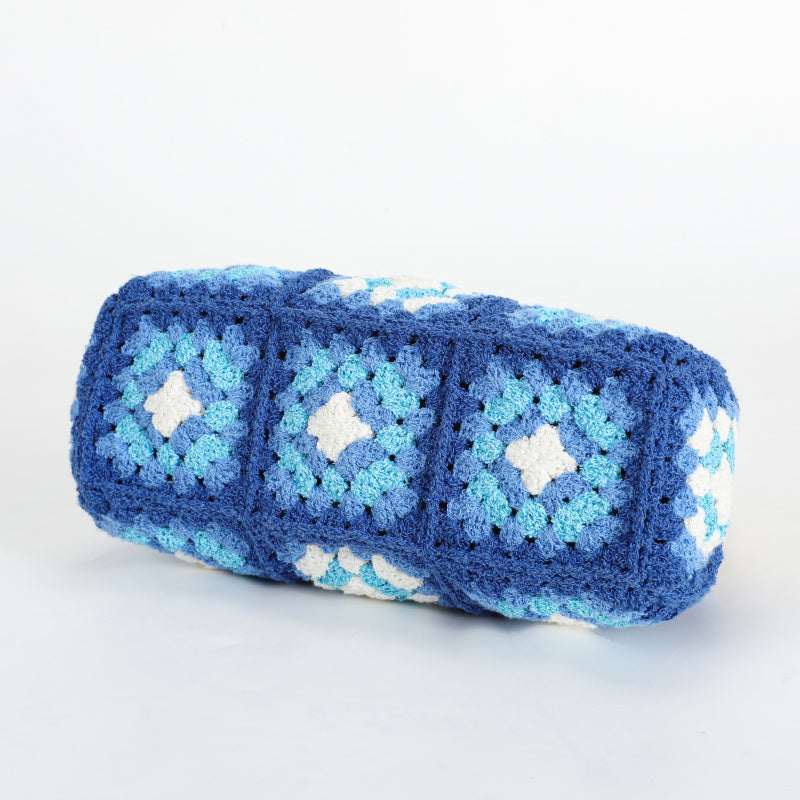 Vintage Handmade Blue Handicraft Crochet Hand Bag Flower Wooden Coin Purse Leather Shoulder Strap Bohemian Woven Handbag